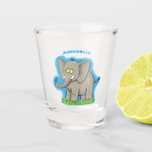 Niedlicher, lustiger Elefant mit Vogel auf Cartoon Schnapsglas