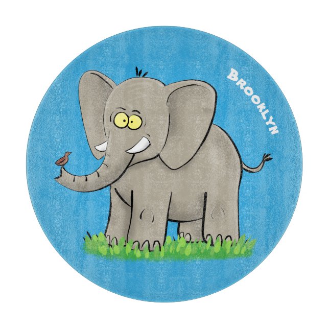 Niedlicher, lustiger Elefant mit Vogel auf Cartoon Schneidebrett (Vorderseite)