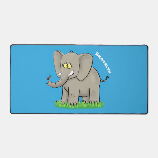 Niedlicher, lustiger Elefant mit Vogel auf Cartoon Schreibtischunterlage (Vorderseite)
