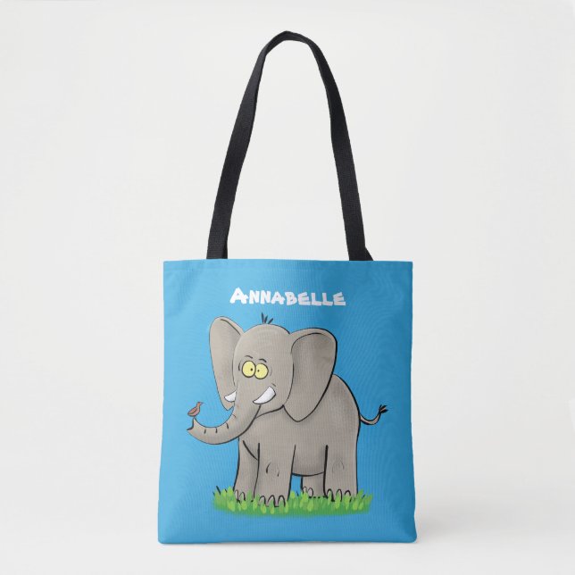 Niedlicher, lustiger Elefant mit Vogel auf Cartoon Tasche (Vorderseite)