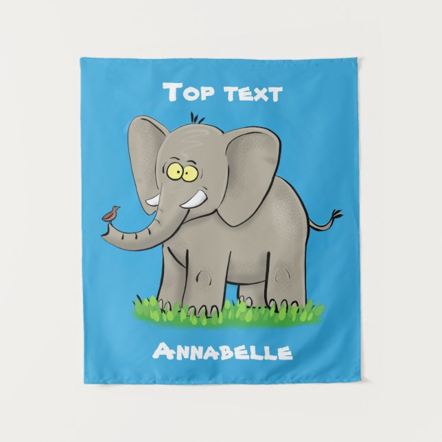 Niedlicher, lustiger Elefant mit Vogel auf Cartoon Wandteppich (Vorderseite)