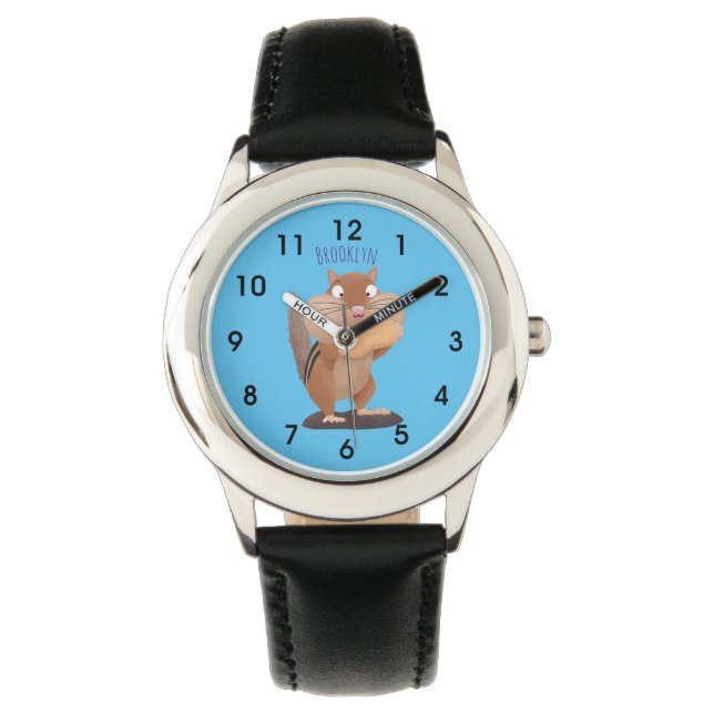 Niedlicher lustiger großer Wangen-Chipmunk-Cartoon Armbanduhr (Vorderseite)