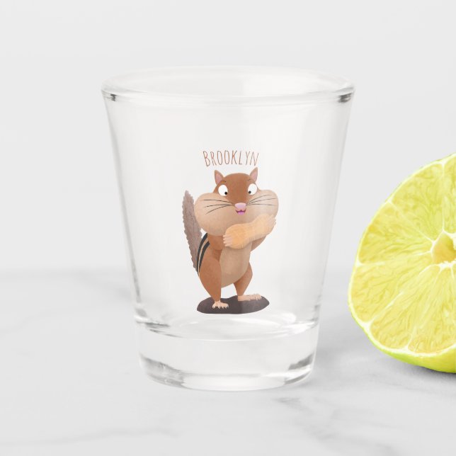 Niedlicher lustiger großer Wangen-Chipmunk-Cartoon Schnapsglas (Vorderseite)