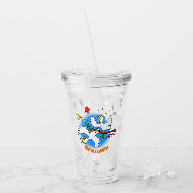 Niedlicher, lustiger Kakadavögel Party Cartoon Acryltrinkbecher (Vorderseite Ice)