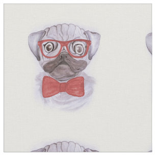 Niedlicher, lustiger Mops mit roter Brille und Bog Stoff