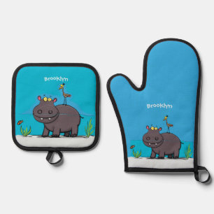 Niedlicher lustiger Nilpferd mit Vogel Cartoon Ofenhandschuh & Topflappen-Set