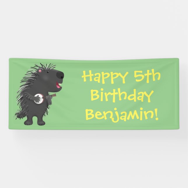 Niedlicher, lustiger Porcuppspiel Banjo Cartoon Banner (Horizontal)