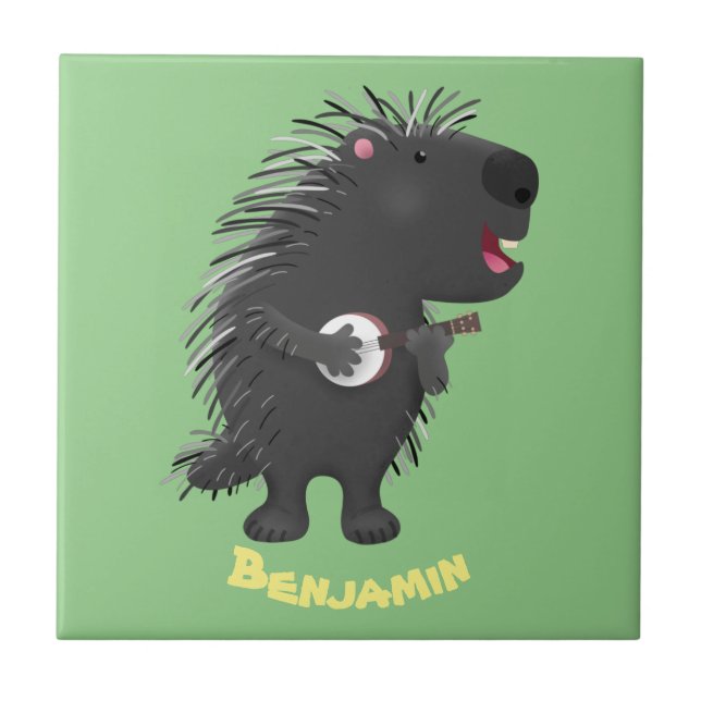 Niedlicher, lustiger Porcuppspiel Banjo Cartoon Fliese (Vorderseite)