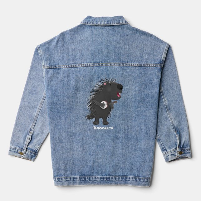Niedlicher, lustiger Porcuppspiel Banjo Cartoon Jeansjacke (Rückseite)