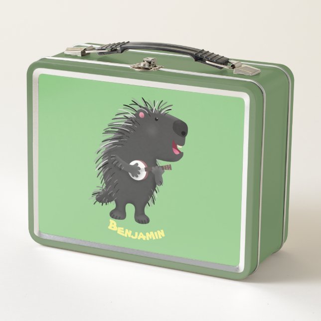 Niedlicher, lustiger Porcuppspiel Banjo Cartoon Metall Brotdose (Vorderseite)