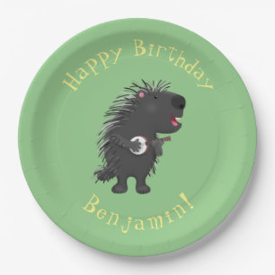 Niedlicher, lustiger Porcuppspiel Banjo Cartoon Pappteller