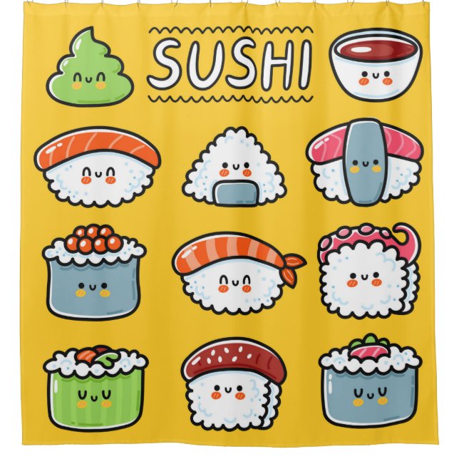 Niedlicher, lustiger Sushi Maki Brötchen Cartoon n Duschvorhang (Vorderseite)