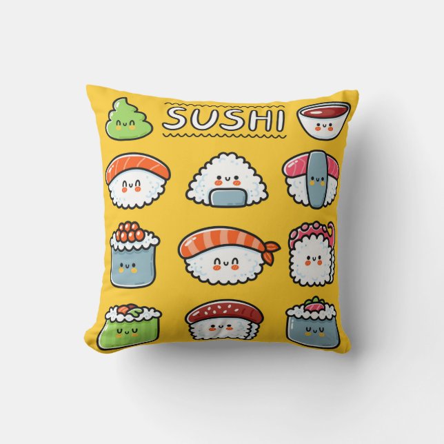 Niedlicher, lustiger Sushi Maki Brötchen Cartoon n Kissen (Vorderseite)