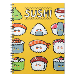 Niedlicher, lustiger Sushi Maki Brötchen Cartoon n Notizblock