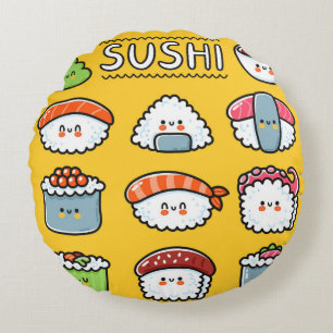 Niedlicher, lustiger Sushi Maki Brötchen Cartoon n Rundes Kissen
