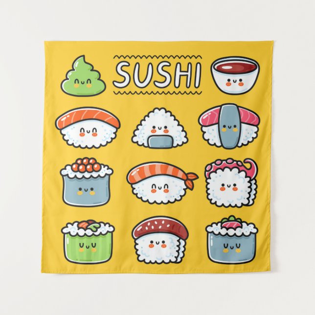 Niedlicher, lustiger Sushi Maki Brötchen Cartoon n Wandteppich (Vorderseite)