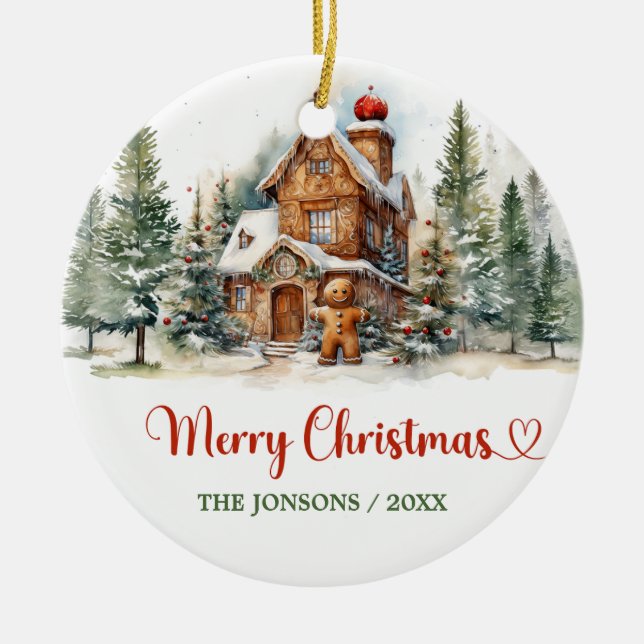Niedlicher, lustiger Wasserfarben-Lebkuchen-Winter Keramik Ornament (Vorne)