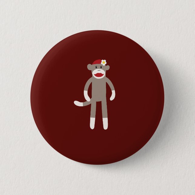 Niedlicher Mädchen-Socken-Affe auf Rot Button (Vorderseite)