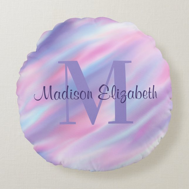 Niedlicher Mädchenname & Monogramm Rosa Lila & Bla Rundes Kissen (Vorderseite)