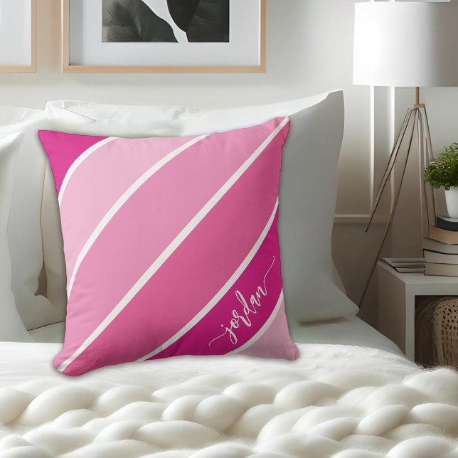 Niedlicher Mädchenskriptname Rosa Streifen Pillow Kissen (Personalize with any name.)