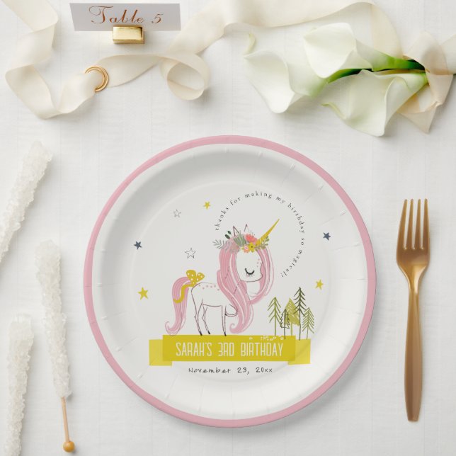 Niedlicher magischer Einhorn Rosa Gelber Kindergeb Pappteller (Hochzeit)