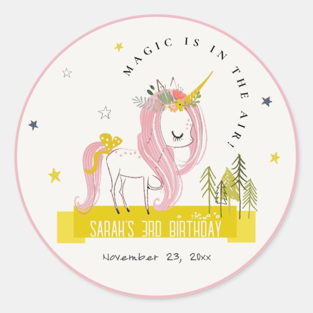 Niedlicher magischer Einhorn Rosa Gelber Kindergeb Runder Aufkleber (Vorderseite)