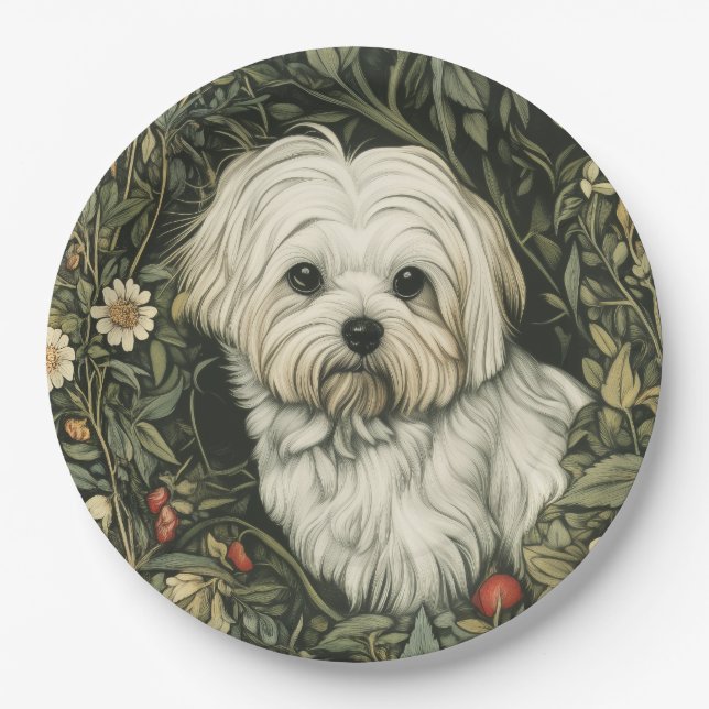 Niedlicher maltesischer Hund in einem William Morr Pappteller (Vorderseite)