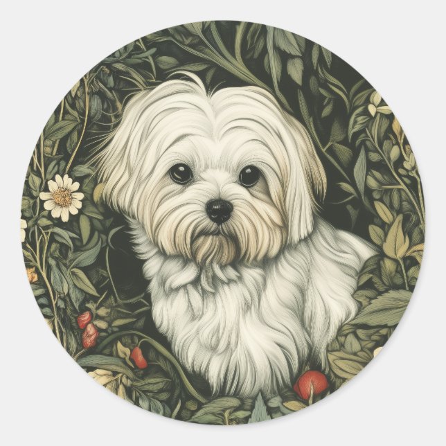 Niedlicher maltesischer Hund in einem William Morr Runder Aufkleber (Vorderseite)
