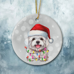 Niedlicher maltesischer Hund in Weihnachtsbeleucht Keramik Ornament