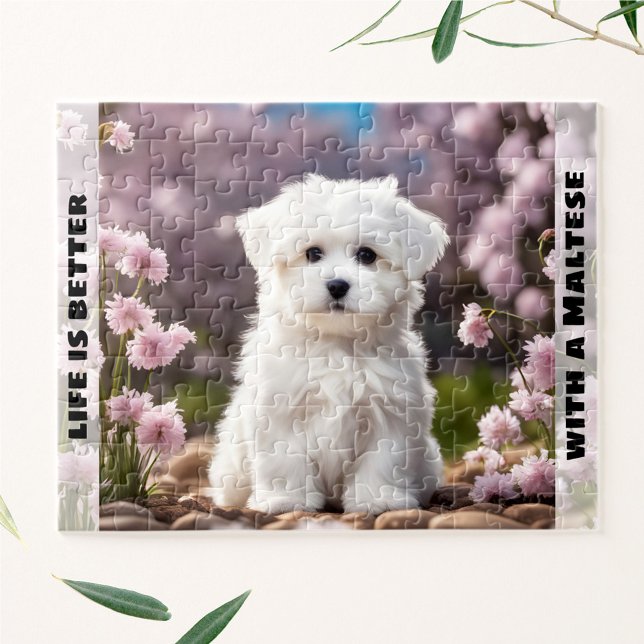 Niedlicher maltesischer Welpenfrühling Individuell (Cute Dog Maltese Puppy Spring Floral Custom Name Jigsaw Puzzle)