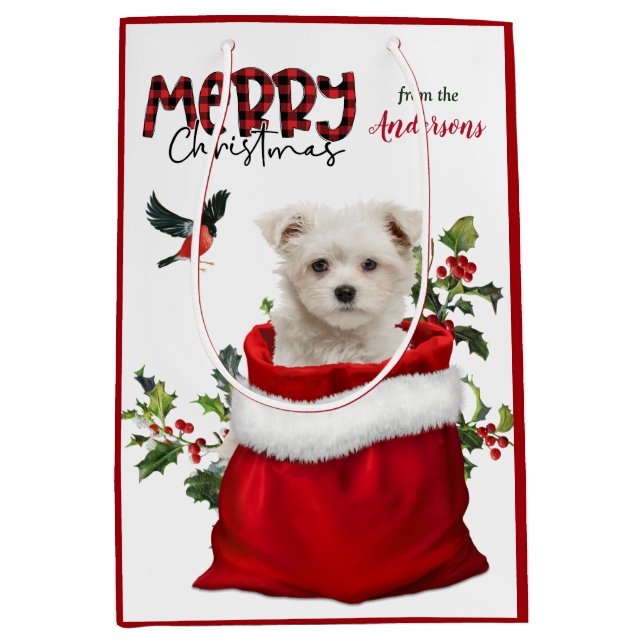 Niedlicher maltesischer Welpenhund Weihnachten Mittlere Geschenktüte (Vorderseite)