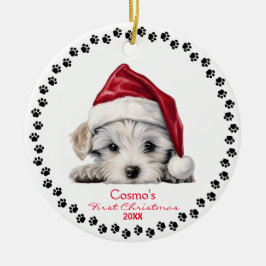 Niedlicher maltesischer Welpenhund Weihnachtsmannm Keramik Ornament
