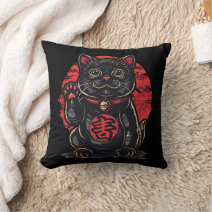 niedlicher Maneki Neko Katzenaufdruck gezeichnet j Kissen