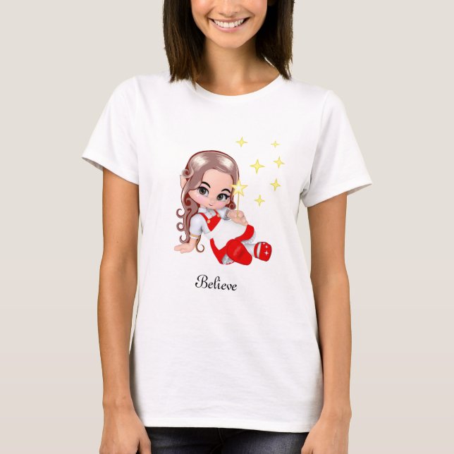 Niedlicher Märchengel in Rot & Sterne gekleidet T-Shirt (Vorderseite)