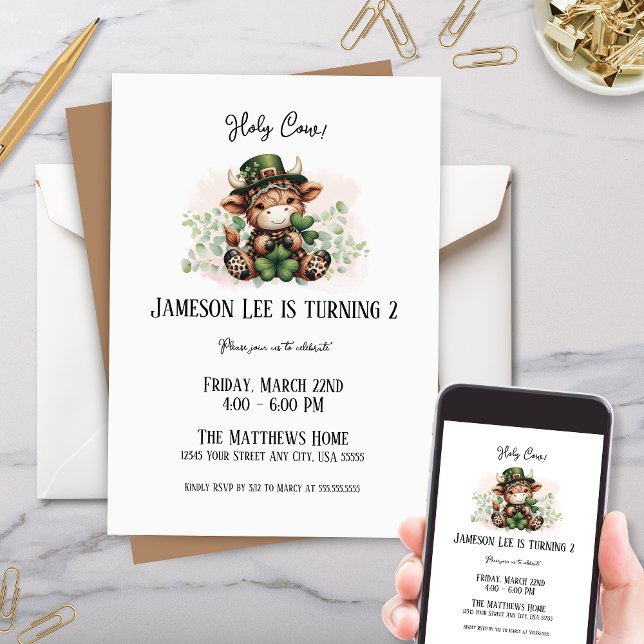 Niedlicher März St Patricks Highland Cow Geburtsta Einladung (cute highland cow scottish birthday party invitation for kids holy cow lucky march party invites)