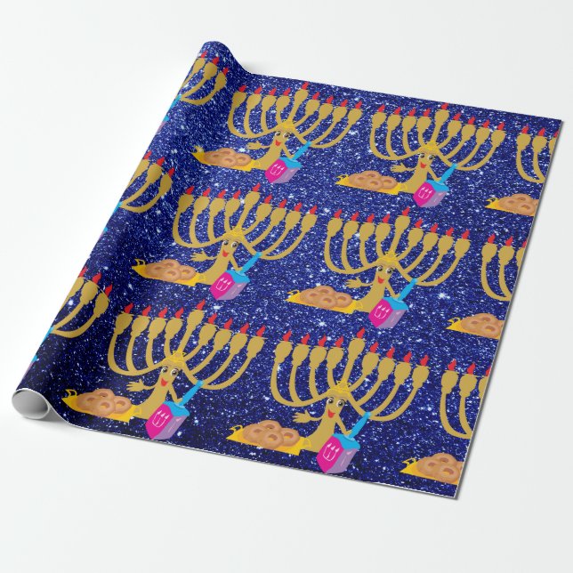 Niedlicher Menorah u. Dreidels blauer Geschenkpapier (Ungerollt)