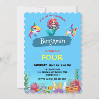 Niedlicher Mermaid Hai Regenbogen bunt Geburtstags Einladung