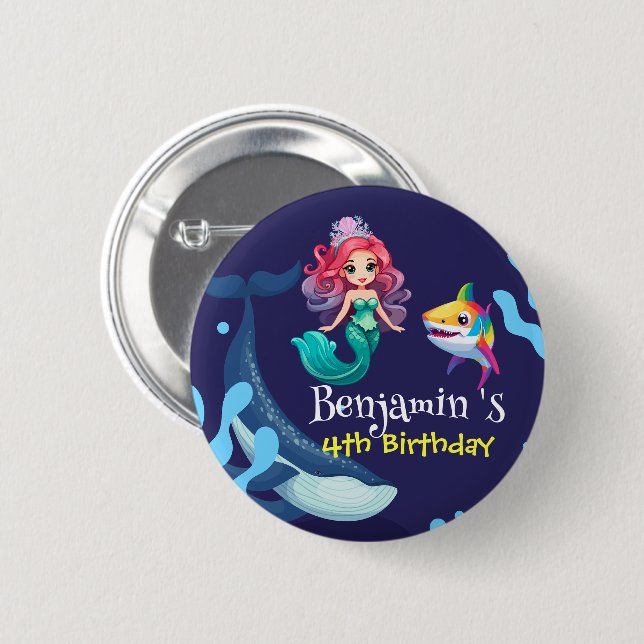Niedlicher Mermaid-Hai Whale Regenbogen bunt Gebur Button (Vorne & Hinten)