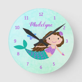 Niedlicher Mermaid Lila Glitzer Aqua Runde Wanduhr