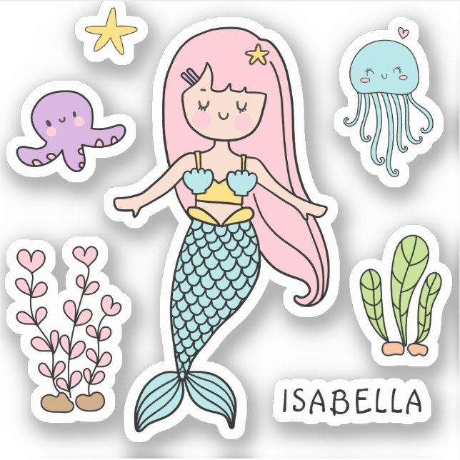 Niedlicher Mermaid Whimsical Girly Personalisierte Aufkleber (Vorderseite)