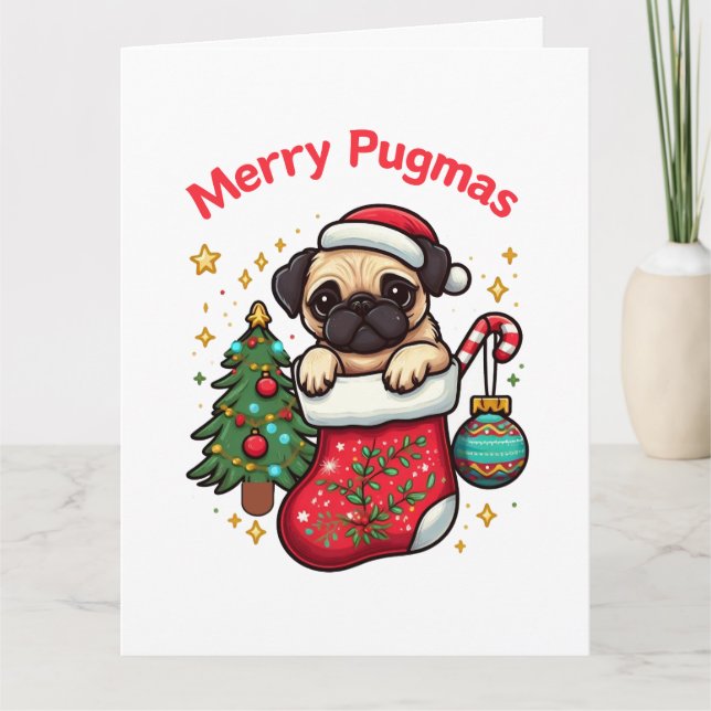 Niedlicher "Merry Pugmas" Weihnachts-Mops Karte (Vorderseite)