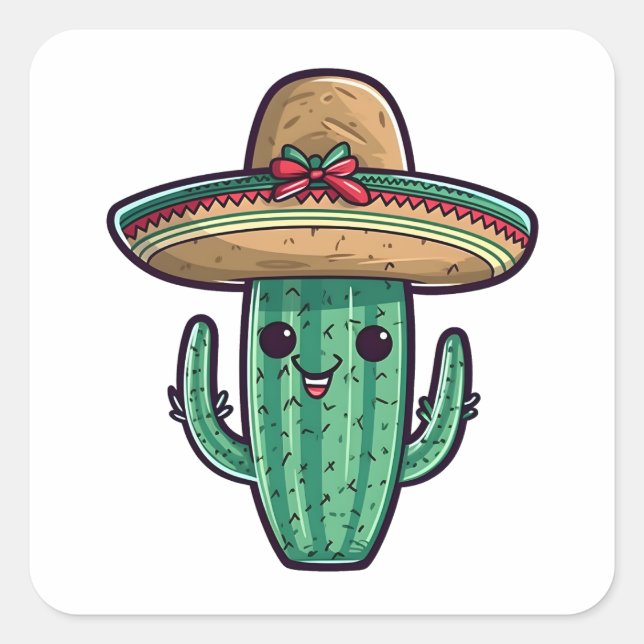Niedlicher mexikanischer Sombrero-Kaktus Quadratischer Aufkleber (Vorderseite)
