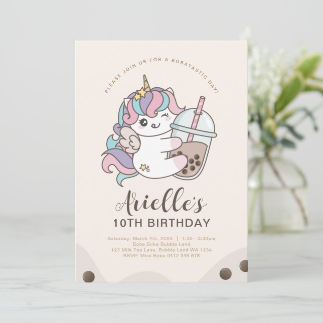 Niedlicher Minimalistischer Einhorn Boba Bubble Mi Einladung (Stehend Vorderseite)