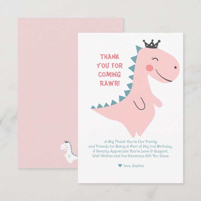 Niedlicher Minimalistischer Rosa Girl Dinosaur Geb Dankeskarte (Vorne/Hinten)