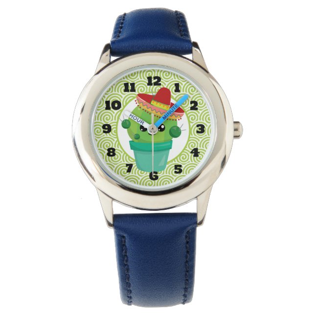 Niedlicher Mit Augen Kakteen in Red Sombrero Armbanduhr (Vorderseite)