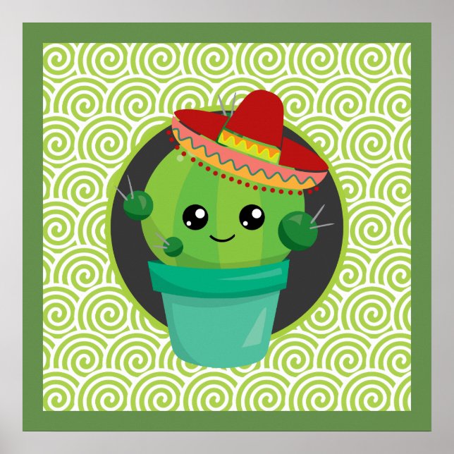 Niedlicher Mit Augen Kakteen in Red Sombrero Poster (Vorne)