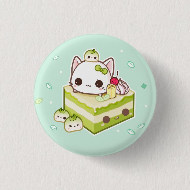 Niedlicher mochi Kitty mit kawaii Kuchen grünen Button (Vorderseite)