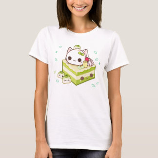 Niedlicher mochi Kitty mit kawaii Kuchen grünen T-Shirt