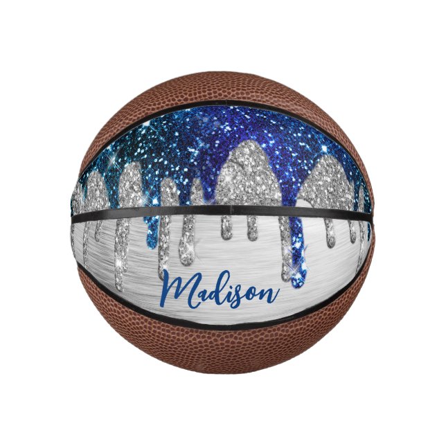 Niedlicher moderner Blue Glitzer Tropfen monogramm Mini Basketball (Vorderseite)