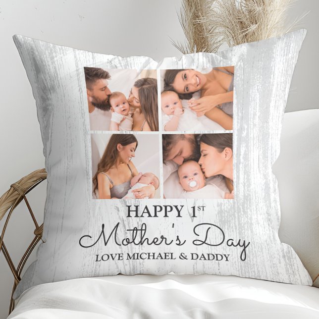 Niedlicher, moderner Fotocollage Happy First Mothe Kissen (Cute Modern Photo Collage Happy First Mothers Day Throw Pillow)